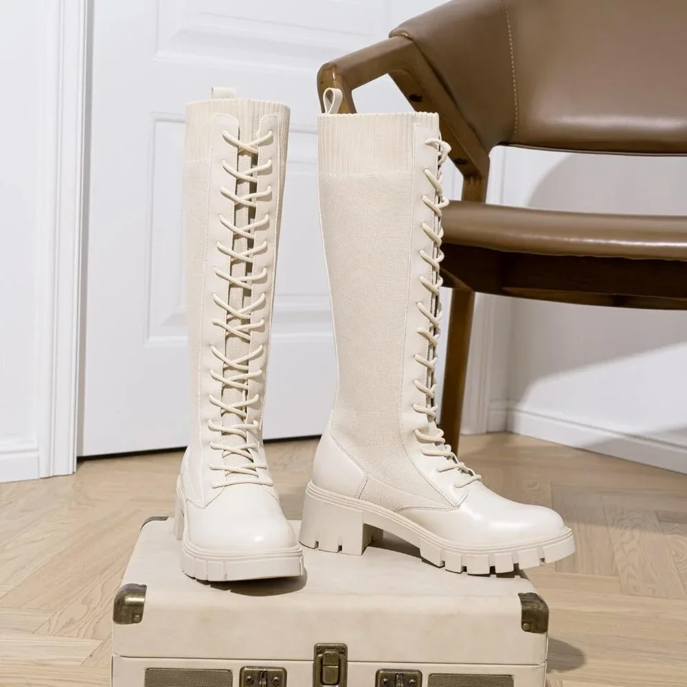 Women's Beige 953 Chunky Platform Heel Lace Gothic Knee High Combat Boots